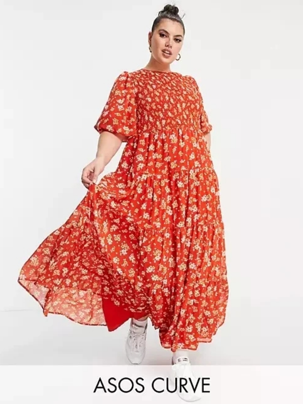ASOS DESIGN Curve shirred tiered maxi dress in red floral print